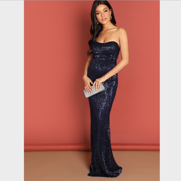 Navy Sequin Strapless Gown Long Dress Bodycon - Picture 4 of 8
